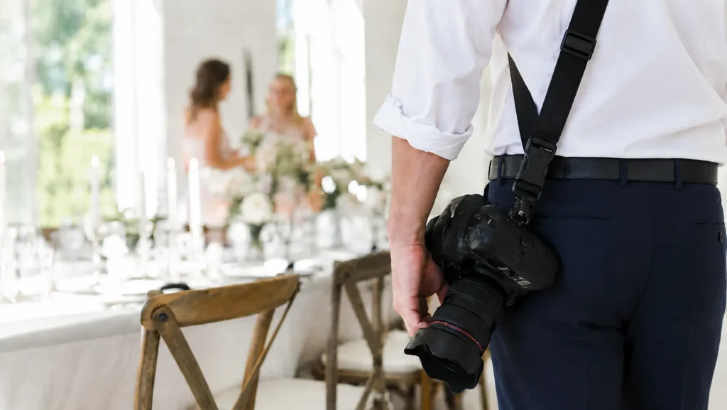 Hochzeitsfotograf mit Kamera am Gurt vor einer hellen Hochzeitstafel mit unscharfen Gästen im Hintergrund.