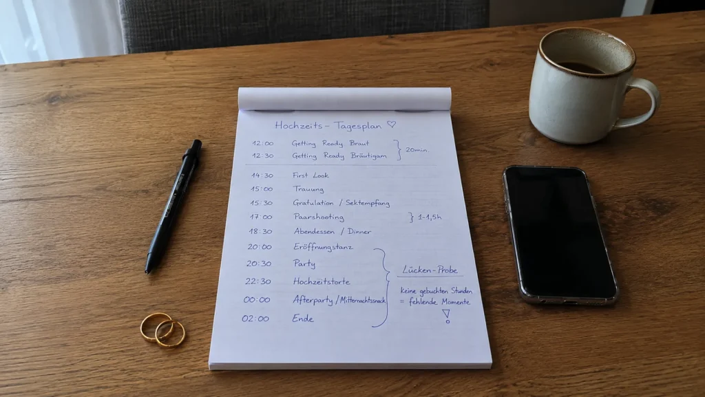 Handschriftlicher Hochzeitstagesplan mit Lücken-Probe auf einem Holztisch, daneben Kugelschreiber, Smartphone, Kaffeetasse und Eheringe.