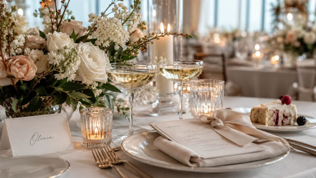 Stilvoll gedeckte Hochzeitstafel mit Blumen, Kerzen, Menükarte, Champagnergläsern und Dessert.