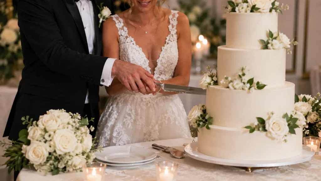 Brautpaar schneidet gemeinsam eine mehrstöckige Hochzeitstorte mit weißen Blumen und Kerzen im Hintergrund an.