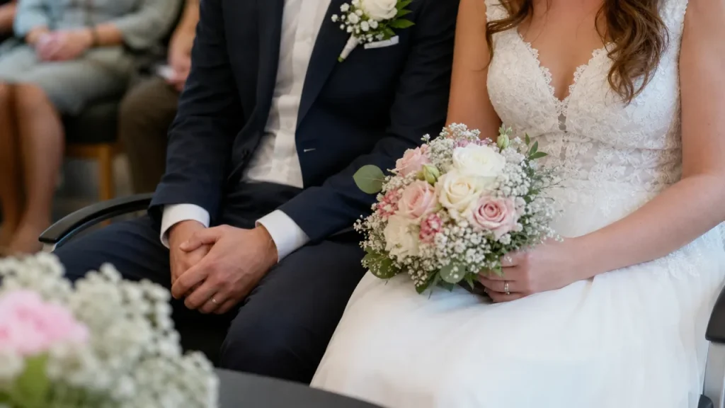 Brautpaar haelt sich während der standesamtlichen Trauung an den Haenden, die Braut traegt einen Blumenstrauss.