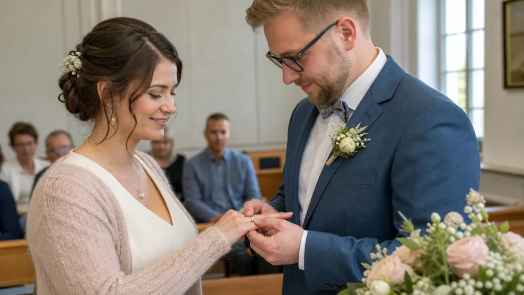 Braeutigam steckt der Braut bei der standesamtlichen Trauung den Ehering an, beide laecheln glücklich, Gaeste im Hintergrund.