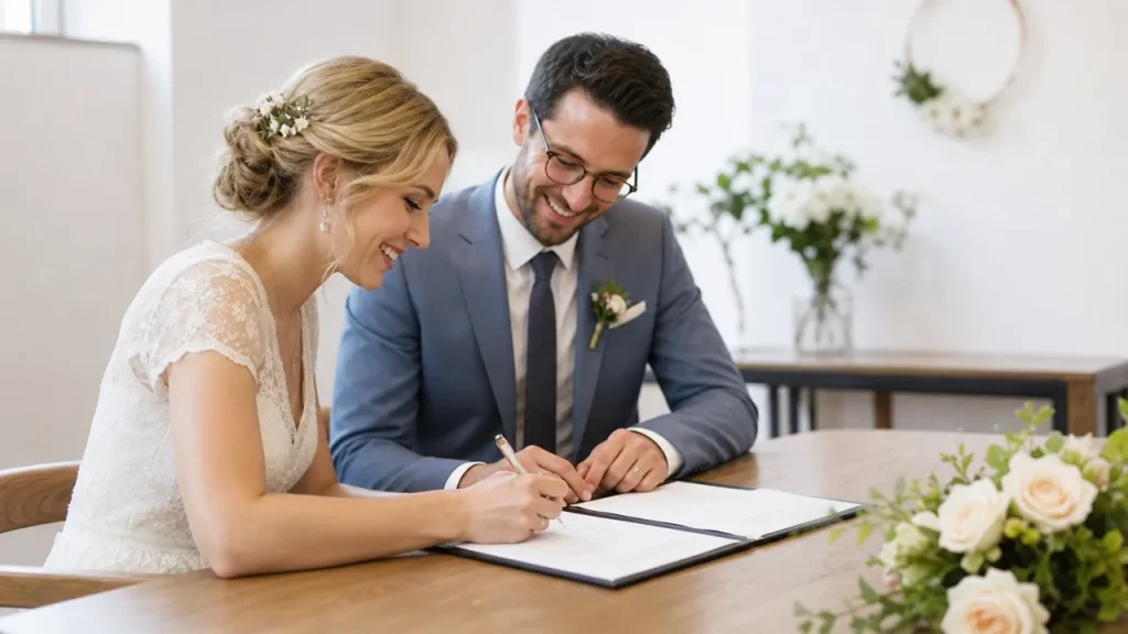 Braut und Bräutigam unterzeichnen lächelnd die Heiratsurkunde am Standesamt, ein festlicher Blumenstrauß auf dem Tisch.